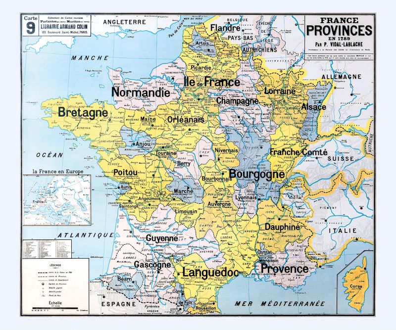 Carte Vidal Lablache 9 - FRANCE PROVINCES EN 1789 - 120 x 100 cm (reproduction ancienne carte scolaire)